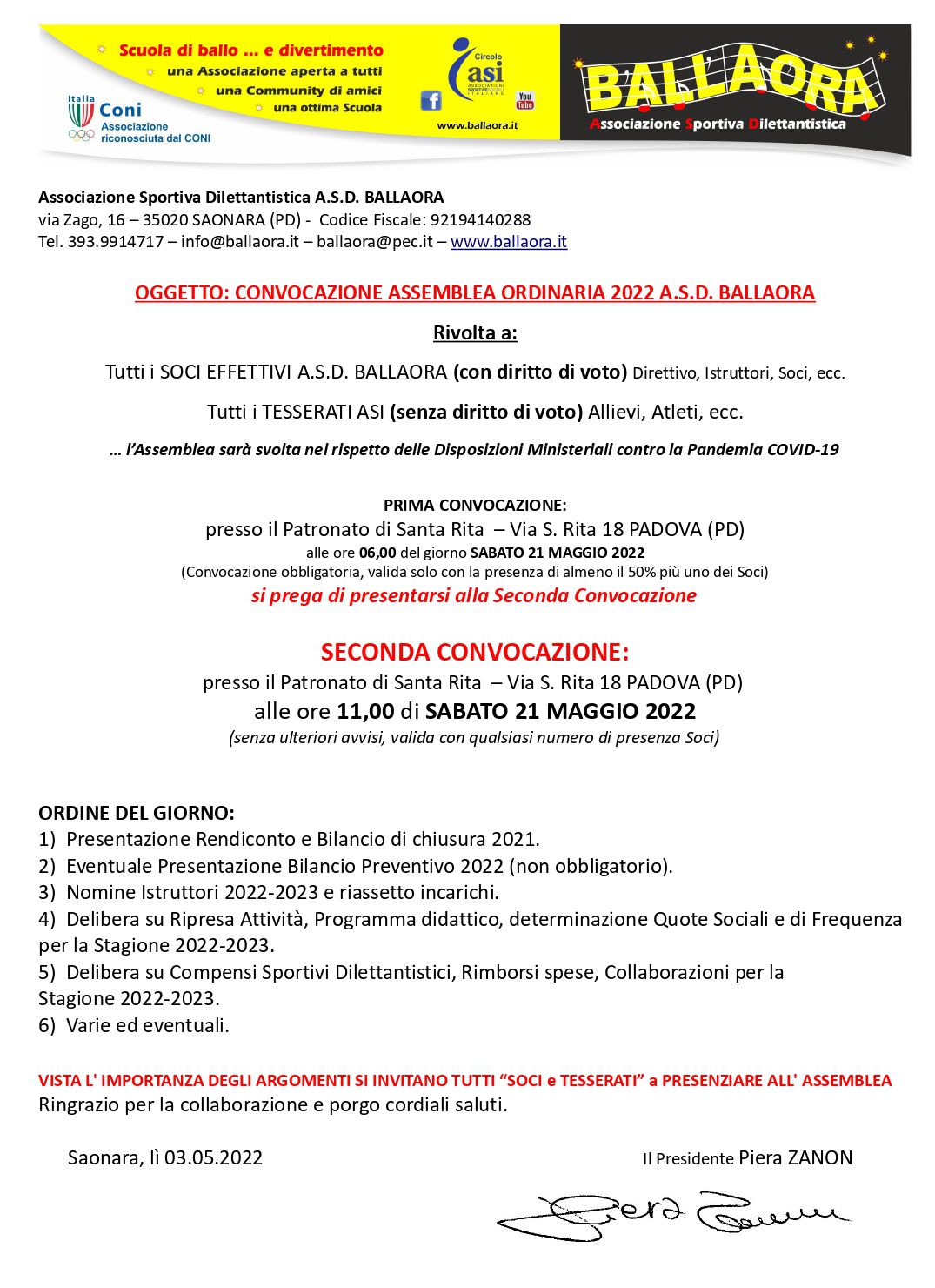avviso assemblea ordinaria ballaora 21.05.2022